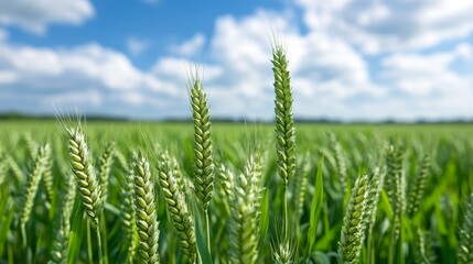 Lush green wheat field under a bright blue sky with fluffy clouds, showcasing growth and vitality in an agricultural setting.
