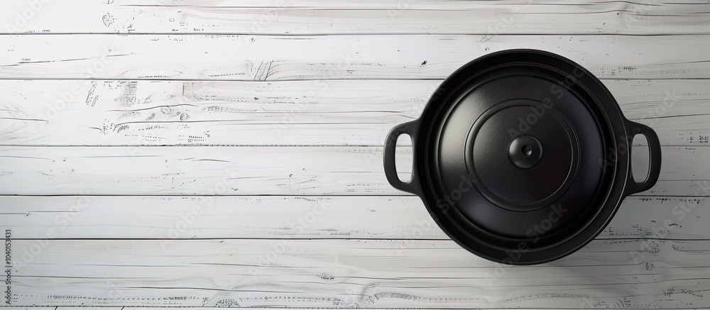 Poster top down view of a black pot with a lid placed on a white wooden table ideal for a copy space image