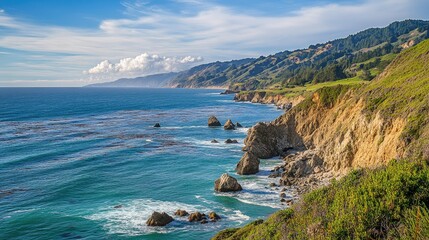 Fototapeta premium Pacific coastline with rugged cliffs and calm waves, leaving space for copy