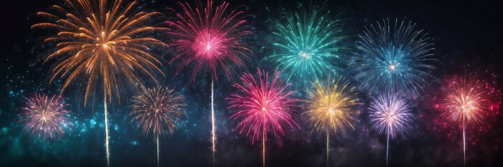 Fototapeta premium Colorful fireworks and bokeh light display celebrating New Year's Eve