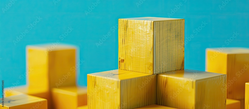 Aufkleber yellow wooden cubes with a blue background symbolize a weekly report this image includes copy space 