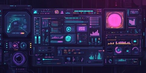 Futuristic user interface with glowing elements and data visualizations.