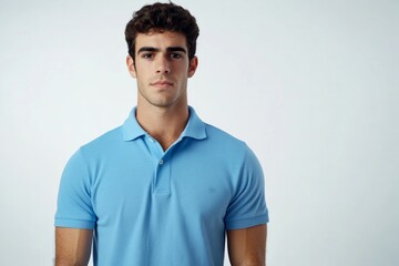 Fototapeta premium the young guy in blue polo t-shirt on white background