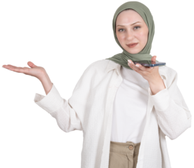 Talking on the phone handsfree, young caucasian 20s muslim woman in hijab talking on the phone handsfree, holding other hand with open palm looking camera presenting product advertisement concept.
