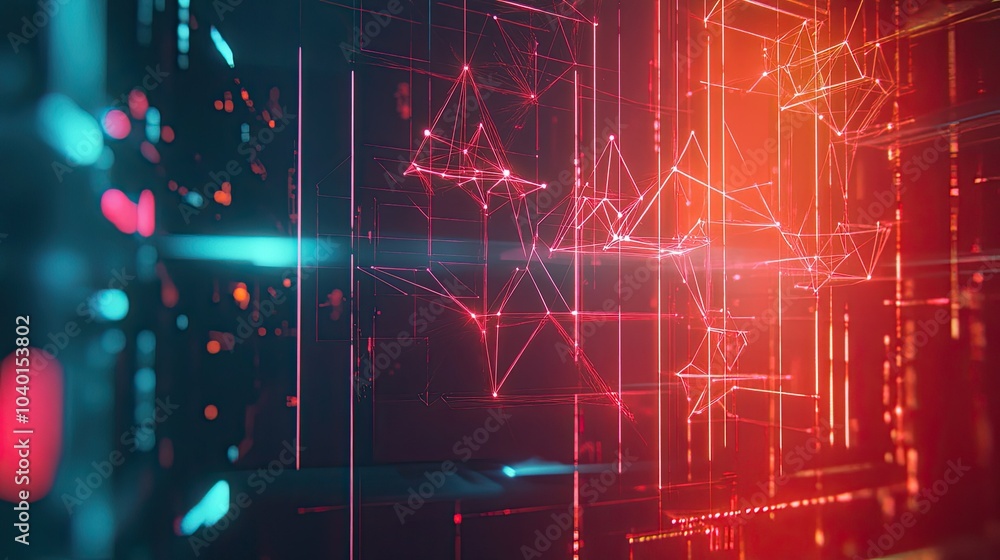 Poster polygonal shapes connected by glowing lines, floating on a futuristic digital backdrop