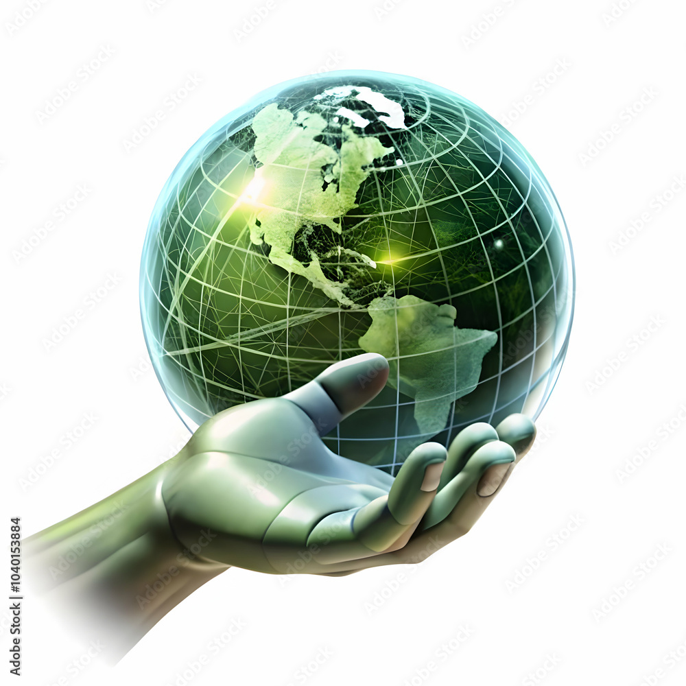 Poster glossy hand touching holographic globe interconnected lineshuman interaction global data network sto