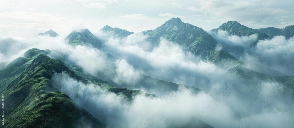 Poster clouds cascading gracefully over the ridgeline creating a serene copy space image
