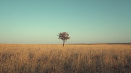 Fototapeta premium Quiet African grassland at dusk with a distant horizon, leaving room for copy