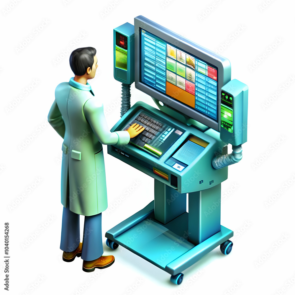 Poster doctor analyzing patient data on robotic display unit - candid clinical shot highlighting advanced d