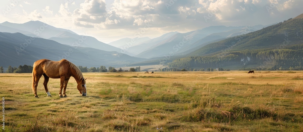 Poster equine grazing peacefully on a rural farm with mountains in the background creating a serene scene w
