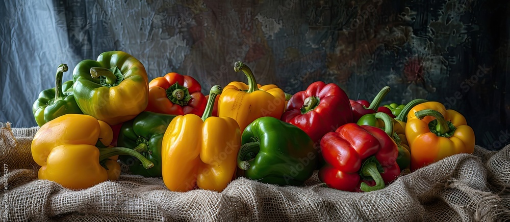 Poster a display of colorful bell peppers on a rustic linen cloth with abundant copy space image