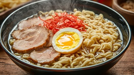 A bowl of steaming ramen with pork, egg, and red garnish.