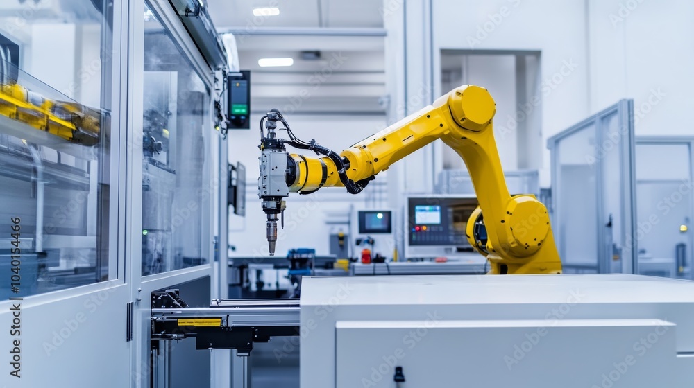 Poster a robot managing automated plastic injection molding in a high-tech molding facility with clean, org