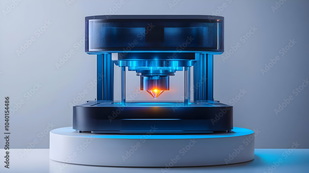 Poster 3d holographic printer tracking shot with floating product designs, rotating concepts on white pedes