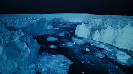 Frozen glaciers melting down slowly, Global warming concept.