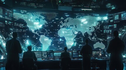High-Tech War Room with Global Map Interface – Strategic Cyber Warfare and Intelligence Operations