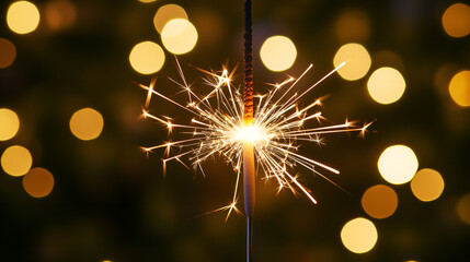 A close-up of a bright sparkler with beautiful golden bokeh lights in the background, capturing the spirit of celebration and festivity