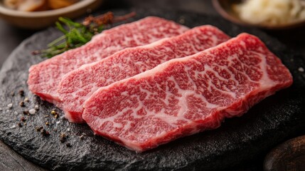 Japanese Wagyu beef slices, with close-up details of the marbled texture
