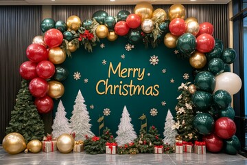 The Merry Christmas themed party backdrop features a large balloon garland in matte dark green,