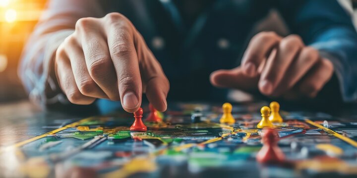 Person playing board game with colorful pieces on table.