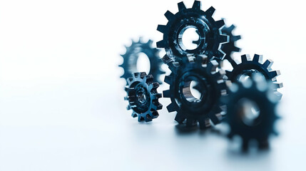 3D Floating Gears Community Silhouette Concept, Holographic Rotating Gears Aligning Diverse Community Icon, Business Representation, White Background with Copy Space, 3D Graphics for Marketing and Bra