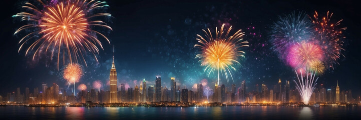 Fototapeta premium Vibrant fireworks illuminate the skyline on New Year's Eve over a bustling city