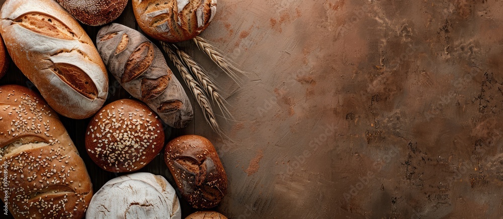 Poster top down view of various bread types arranged with ample free space for text creating a versatile co