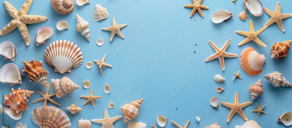 Poster nautical themed seashells and starfish displayed on a blue background perfect for a copy space image