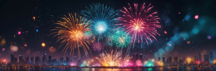 Naklejka premium Colorful fireworks illuminate the night sky over a city skyline on New Year's Eve