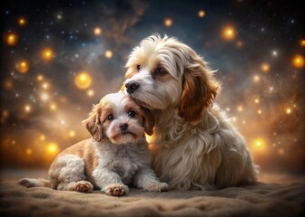 Night Photography of a Cavachon Dog Mother Nuzzling Her Puppy in a Cute Portrait Setting