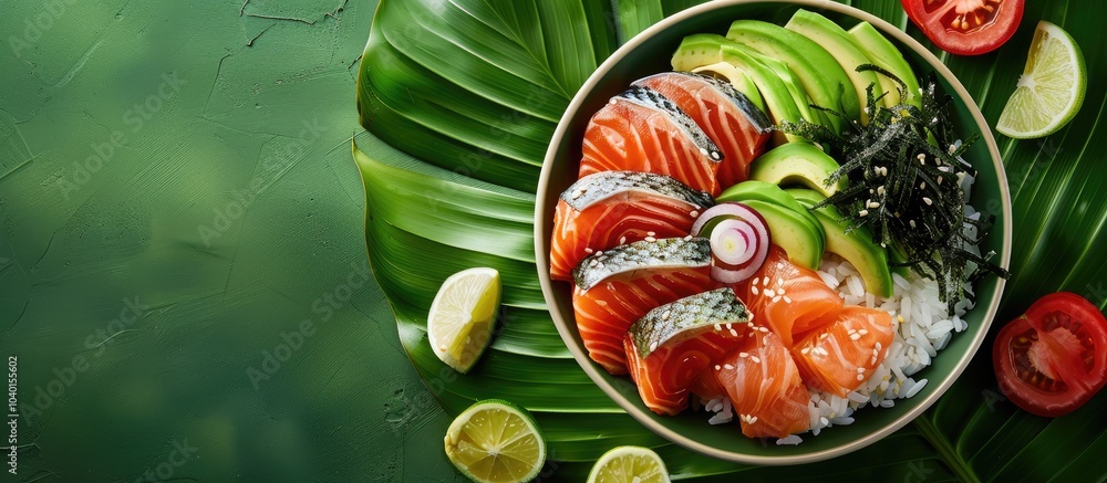 Aufkleber a rice bowl featuring salmon avocado seaweed tomato and onion on a leaf with a blank space for image