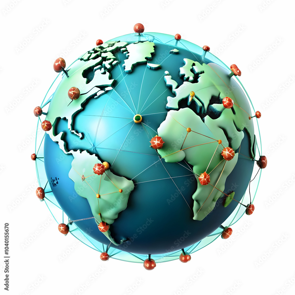 Poster plain red background stylized globe network nodes global connectivity smart cities minimalistic desi