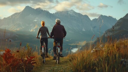 Obraz premium Elderly couple on a scenic bike ride in mountains, enjoying serene views with snow-capped peaks in the background. Peaceful and romantic setting with lush greenery and a hint of a lake.