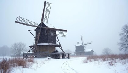  Windmills stand tall against a wintery sky