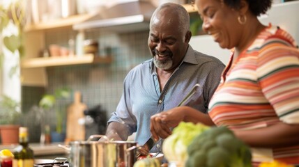 Elderly African American couple happily cooking together in a well-equipped kitchen. Man tending to a pot, woman chopping vegetables. Enjoying each other's company.