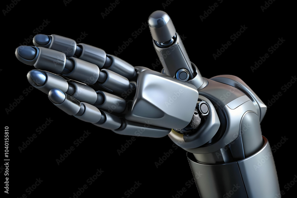 Aufkleber glossy robot hand pointing forward on black background - ai directing business operations for futuri