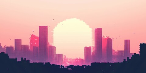 Fototapeta premium Silhouetted city skyline at sunset with vibrant colors and pixelated effects.