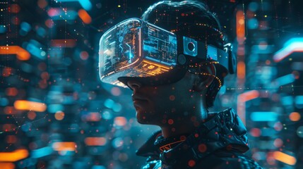 A person in VR with a holographic interface, cityscape backdrop, and digital overlay "18", immersed and focused in a futuristic setting.