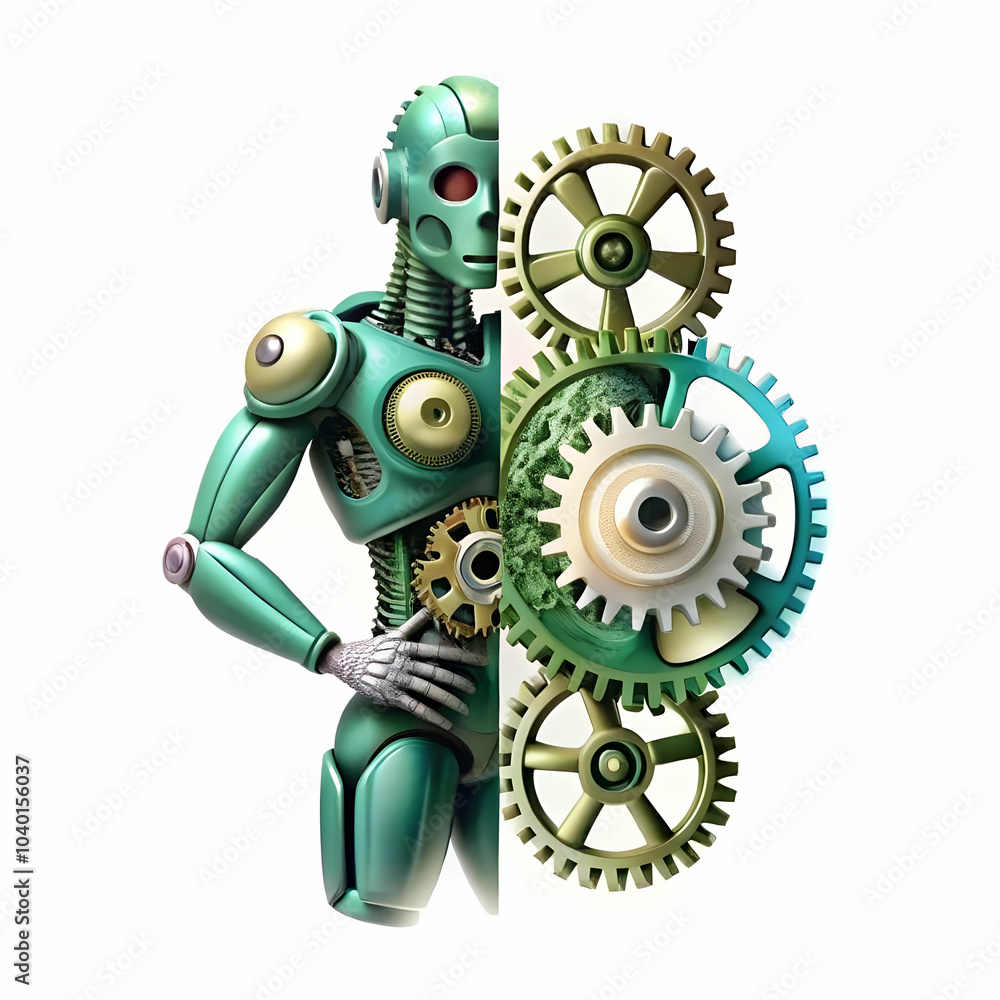 Poster interlocking gears half human half robotic visual on plain background - seamless human machine colla