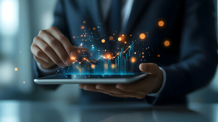 3D High Resolution Businessman Analyzing Financial Charts on Tablet with Blurred Office Background, Close Up Focus on Digital Tablet Graphs, Modern Business Atmosphere Icon, Copy Space Available