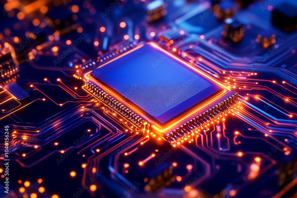 Poster a bright microchip is surrounded by intricate circuits and glowing connections, showcasing technolog