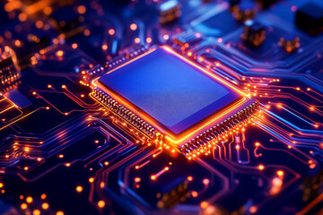 A bright microchip is surrounded by intricate circuits and glowing connections, showcasing technological complexity