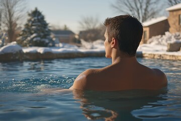 Fototapeta premium A man relaxes in an outdoor pool during winter, surrounded by snow and peaceful scenery
