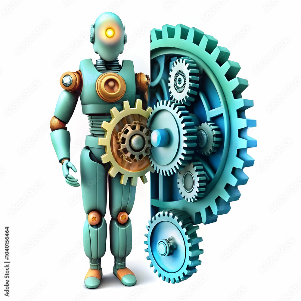 Poster interlocking gears human robotic collaboration conceptual image plain background half human half rob