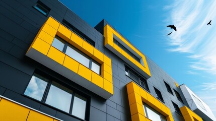 A modern building with yellow and grey facade against a blue sky. Yellow-framed windows on second floor, birds in flight.