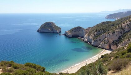 Fototapeta premium Paradise Found A serene beach cove with stunning cliffs and crystalclear waters