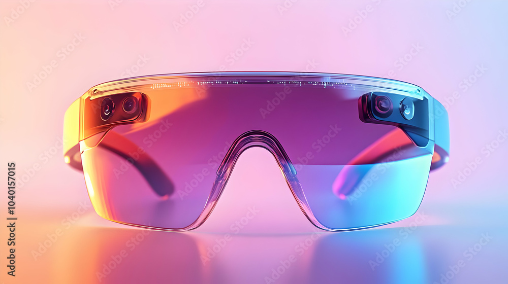 Poster 3d holographic augmented reality glasses with floating ui concept - close up pan of ar glasses on wh