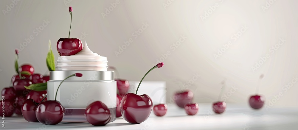 Poster Glass containers displaying body and face cream with red cherry on a white background suitable for copy space image