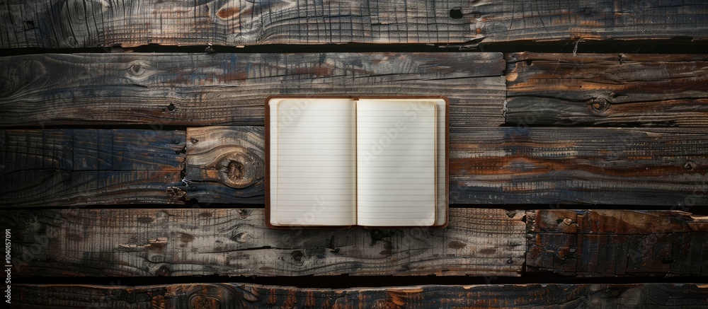 Poster wooden table background with a blank notebook providing copy space image