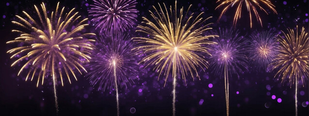 Fototapeta premium Fireworks illuminate the night sky in gold and violet for New Year’s celebration
